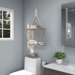 Geezy 2 Tier Rope Hanging Shelf Wooden Boho Bedroom Decor Plant Display Storage Rack - thumbnail 6