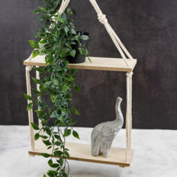 Geezy 2 Tier Rope Hanging Shelf Wooden Boho Bedroom Decor Plant Display Storage Rack - thumbnail 4