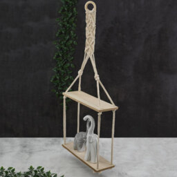 Geezy 2 Tier Rope Hanging Shelf Wooden Boho Bedroom Decor Plant Display Storage Rack - thumbnail 5