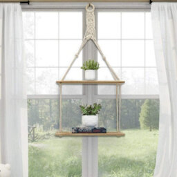 Geezy 2 Tier Rope Hanging Shelf Wooden Boho Bedroom Decor Plant Display Storage Rack - thumbnail 8