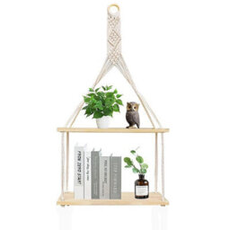 Geezy 2 Tier Rope Hanging Shelf Wooden Boho Bedroom Decor Plant Display Storage Rack - thumbnail 9