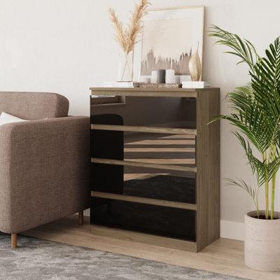 Urbn-Living Urbnliving 90Cm Tall 4 Drawer High Gloss Bedside Chest Of Drawers With Smooth Metal Runner Oak & Black - image 1