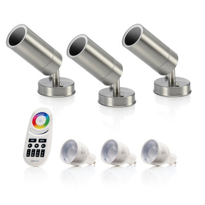 Auraglow Stainless Steel Outdoor Gu10 Wall Spotlight - Rf Colour Changing - 3 Pack - image 1