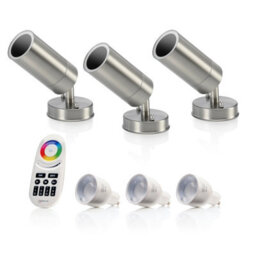 Auraglow Stainless Steel Outdoor Gu10 Wall Spotlight - Rf Colour Changing - 3 Pack - thumbnail 1