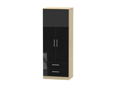 Trent Tall 2 Drawer Wardrobe In Black Gloss & Black Matt (Ready Assembled)