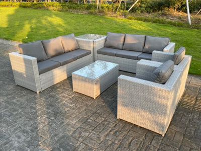 Fimous 6 Pc Light Grey Outdoor Pe Rattan Garden Furniture Set Wicker Sofa Coffee Table 2 Armchair - image 1