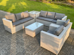 Fimous 6 Pc Light Grey Outdoor Pe Rattan Garden Furniture Set Wicker Sofa Coffee Table 2 Armchair - thumbnail 3