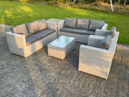 Fimous 6 Pc Light Grey Outdoor Pe Rattan Garden Furniture Set Wicker Sofa Coffee Table 2 Armchair - thumbnail 2