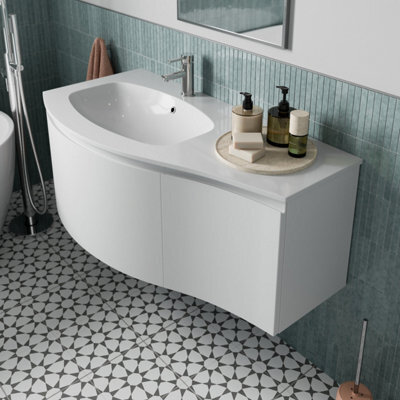 Aveli 1000mm Wall Hung Curved Vanity Unit Bathroom Drawer Basin Sink Cabinet White - image 1