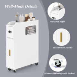 Costway Bathroom Narrow Cabinet 16Cm Slim Bathroom Organizer W/ Toilet Brush Holder-White - thumbnail 9