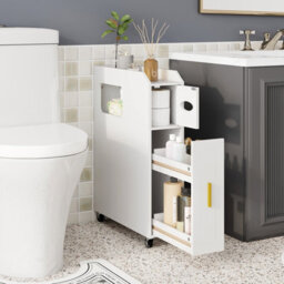 Costway Bathroom Narrow Cabinet 16Cm Slim Bathroom Organizer W/ Toilet Brush Holder-White - thumbnail 1