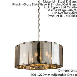 Ceiling Pendant Light Gloss Slate Grey & Smoked Cut Glass 8 X 40W E14 - thumbnail 2