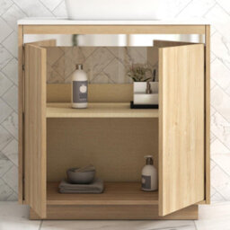 Royal Bathrooms Orion 800mm Natural Oak Floor Standing Plain White Countertop Vanity Unit 2 Door With Qubix Basin & Chrome Accent Trim - thumbnail 4