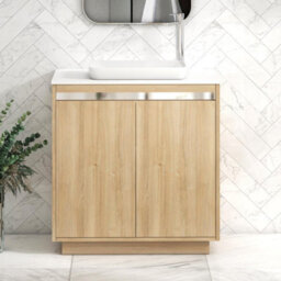 Royal Bathrooms Orion 800mm Natural Oak Floor Standing Plain White Countertop Vanity Unit 2 Door With Qubix Basin & Chrome Accent Trim - thumbnail 1