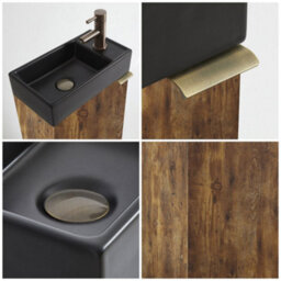 Homestylestore 400mm Dark Oak Floorstanding Bathroom Vanity Unit Black Basin And Aged Gold Finger Pull Handle - thumbnail 2