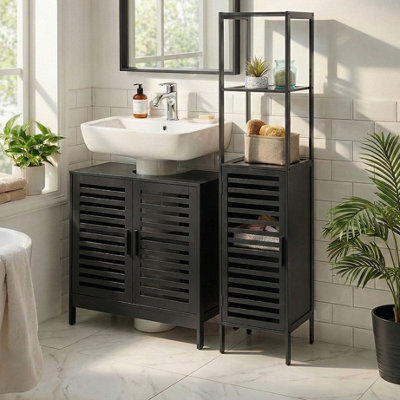 Beliani Black Bamboo Bathroom Shelving Unit - Tall 32 X 30 X 145 Cm, Two Open Shelves And Closed Cabinet - image 1