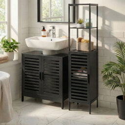 Beliani Black Bamboo Bathroom Shelving Unit - Tall 32 X 30 X 145 Cm, Two Open Shelves And Closed Cabinet - thumbnail 1