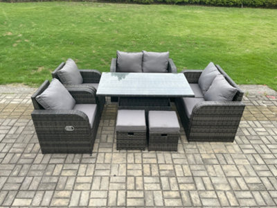 Fimous Wicker Pe Rattan Furniture Garden Dining Set Outdoor Height Adjustable Rising Lifting Table Love Sofa Chairs - image 1