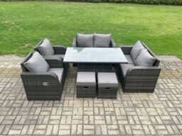 Fimous Wicker Pe Rattan Furniture Garden Dining Set Outdoor Height Adjustable Rising Lifting Table Love Sofa Chairs - thumbnail 1