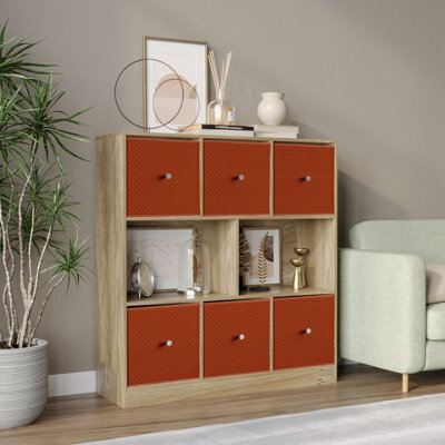 Urbn-Living Urbnliving Asymmetrical 8 Cube Bookcase Shelf Storage Unit W/ 6 Fabric Drawer Inserts (Oak+Orange) - image 1