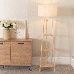 Valuelights Hiru Natural 3 Tier Shelf Floor Lamp With White Trim Linen Shade And Bulb