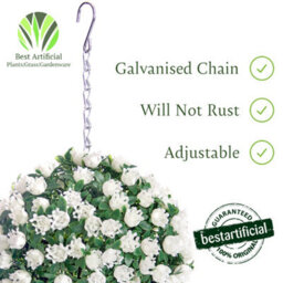 Best Artificial 23Cm White Rose Hanging Basket Flower Topiary Ball - Suitable For Outdoor Use - Weather & Fade Resistant - thumbnail 3