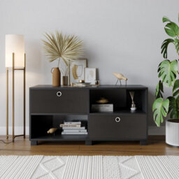 Urbn-Living Urbnliving 47Cm Height Black Wooden Tv Unit Stand Media Cabinet 2 Black Storage Fabric  Drawers - thumbnail 2
