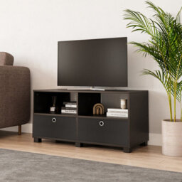Urbn-Living Urbnliving 47Cm Height Black Wooden Tv Unit Stand Media Cabinet 2 Black Storage Fabric  Drawers