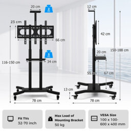 Costway Mobile Tv Stand Portable Television Stand For 32-70 Inch Tvs & Monitors - thumbnail 3