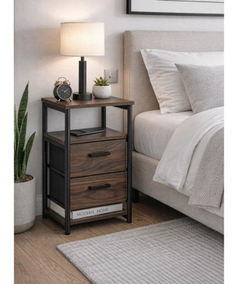 Modcraft Industrial Metal Frame Nightstand With Wooden Top And 2 Folding Drawers - image 1