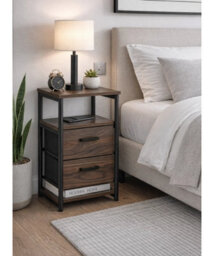 Modcraft Industrial Metal Frame Nightstand With Wooden Top And 2 Folding Drawers - thumbnail 1