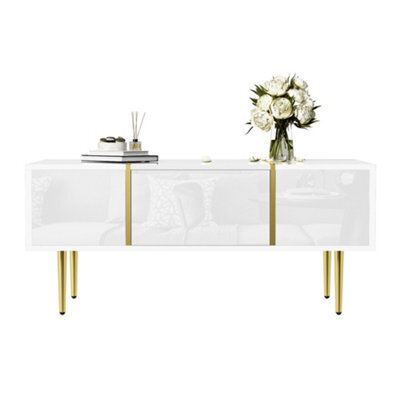 Matteo Modern White High-Gloss Coffee Table With 2 Drawers And Gold Detail - image 1
