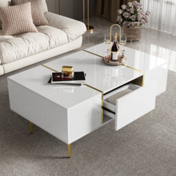 Matteo Modern White High-Gloss Coffee Table With 2 Drawers And Gold Detail - thumbnail 9