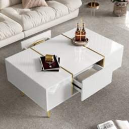 Matteo Modern White High-Gloss Coffee Table With 2 Drawers And Gold Detail - thumbnail 2
