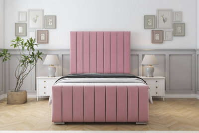 "Sloomy California Pink Plush Bed Frame With Mattress With 50"" Upholstered Headboard 4'6 Double" - image 1