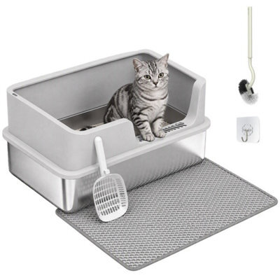 Xl Stainless Steel Cat Litter Tray W/ Lid, High Sided Cat Litter Box - image 1