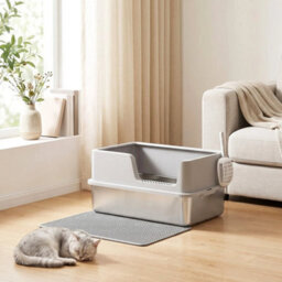 Xl Stainless Steel Cat Litter Tray W/ Lid, High Sided Cat Litter Box - thumbnail 4