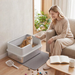 Xl Stainless Steel Cat Litter Tray W/ Lid, High Sided Cat Litter Box - thumbnail 6