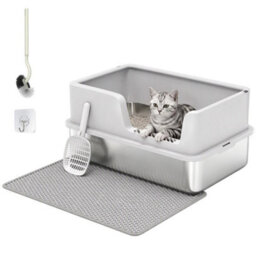 Xl Stainless Steel Cat Litter Tray W/ Lid, High Sided Cat Litter Box - thumbnail 3