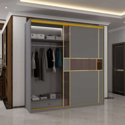 Sliding Wardrobes 4 u LTD Modern Sliding Wardrobe With Golden Detailing Universal Glass Door, Dual Led Lights & Fully Mdf Construction (Grey,200Cm) - thumbnail 6
