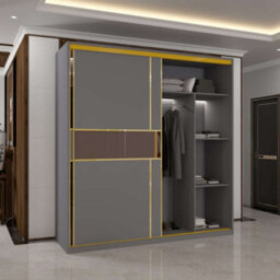 Sliding Wardrobes 4 u LTD Modern Sliding Wardrobe With Golden Detailing Universal Glass Door, Dual Led Lights & Fully Mdf Construction (Grey,200Cm) - thumbnail 5