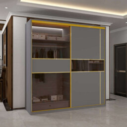 Sliding Wardrobes 4 u LTD Modern Sliding Wardrobe With Golden Detailing Universal Glass Door, Dual Led Lights & Fully Mdf Construction (Grey,200Cm) - thumbnail 2