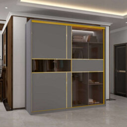 Sliding Wardrobes 4 u LTD Modern Sliding Wardrobe With Golden Detailing Universal Glass Door, Dual Led Lights & Fully Mdf Construction (Grey, 200Cm)