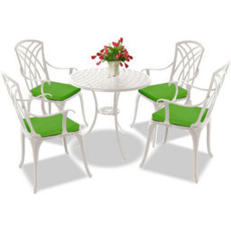Homeology Oshowa Garden And Patio Table And 4 Large Chairs Bistro Set - White With Green Cushions - thumbnail 1