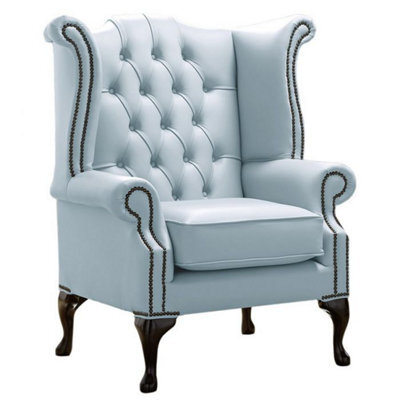Chesterfield High Back Wing Chair Shelly Parlour Blue Leather Bespoke In Queen Anne Style - image 1