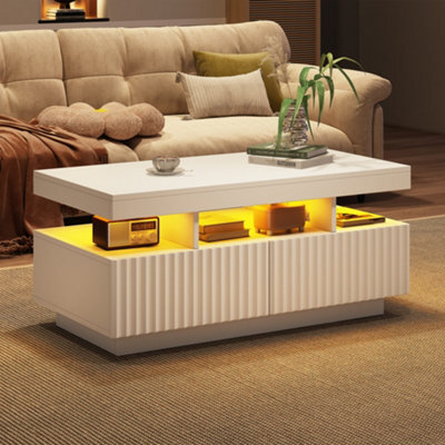 Abrihome Coffee Table With Led Lights, 2Drawers,  Rectangle Coffee End Table For Living Room, Office, 100X50X45Cm, White - image 1