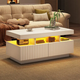 Abrihome Coffee Table With Led Lights, 2Drawers,  Rectangle Coffee End Table For Living Room, Office, 100X50X45Cm, White - thumbnail 1
