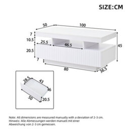 Abrihome Coffee Table With Led Lights, 2Drawers,  Rectangle Coffee End Table For Living Room, Office, 100X50X45Cm, White - thumbnail 6