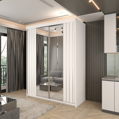 Sliding Wardrobes 4 u LTD Modern Monali Sliding Door Wardrobe Available In 2 Sizes 150Cm/200Cm & 3 Colors - White/silvertrim 150Cm - image 1
