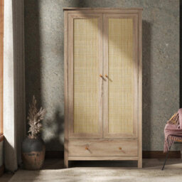 Willow Oak & Real Rattan 2 Door Double Wardrobe With 1 Drawer Bedroom Furniture Storage - thumbnail 1